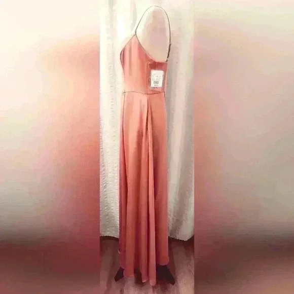 David's Bridal Long Satin Spaghetti Strap Dress Coral Peach Size 10(D5.22.10) - Picture 6 of 8